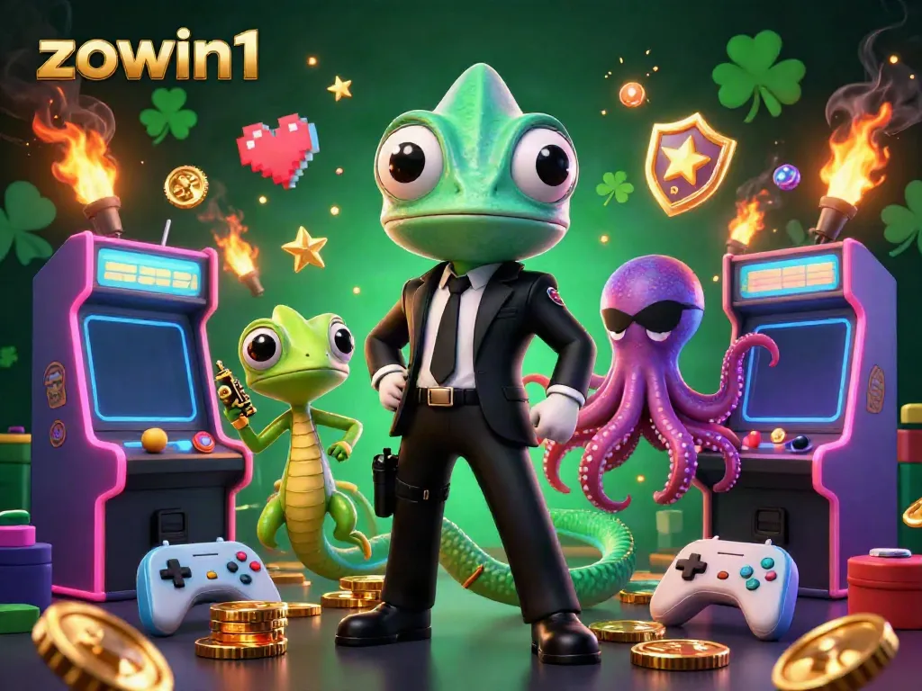 Engage with gaming excitement at zowin1, featuring a colorful casino scene with dynamic characters amidst glowing arcade machines.