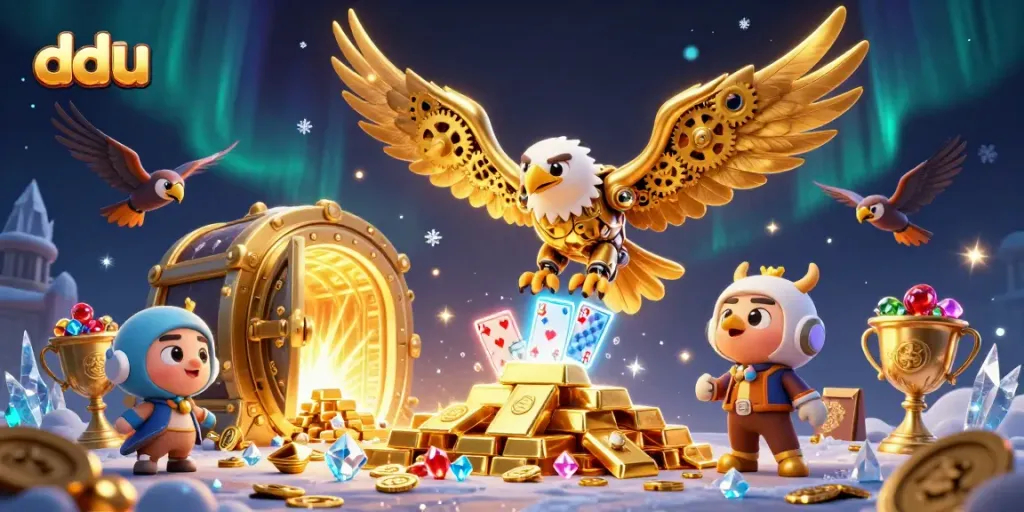 Experience the excitement of dduu with a golden eagle soaring through holographic cards amid vast treasures.