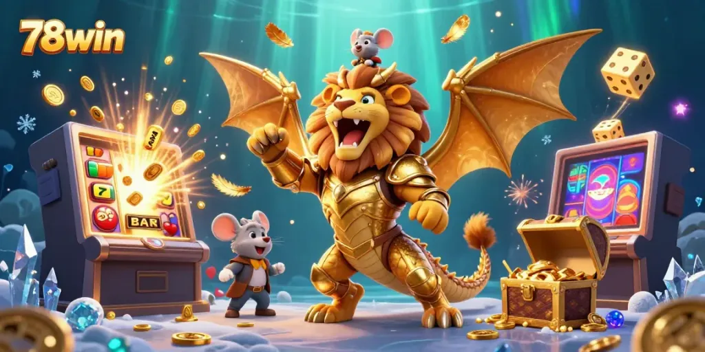 Engage with 78win's casino adventure, featuring a roaring chimera and a jackpot explosion of exciting gaming elements.