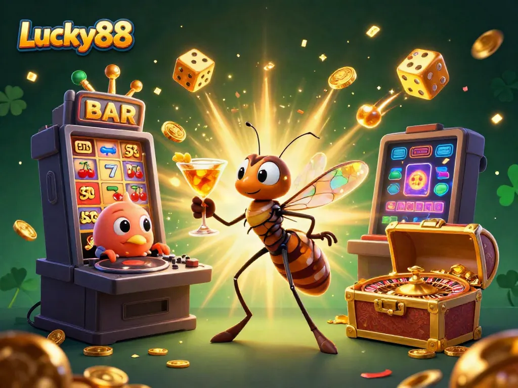 Experience the thrill of Lucky88 with a vibrant casino scene featuring animated characters and game elements.