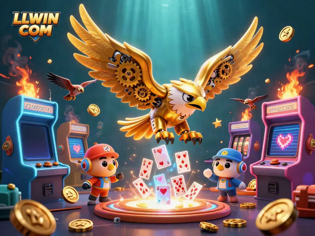 Experience LLWIN COM with a cybernetic eagle amidst vibrant casino action in a unique illustration.