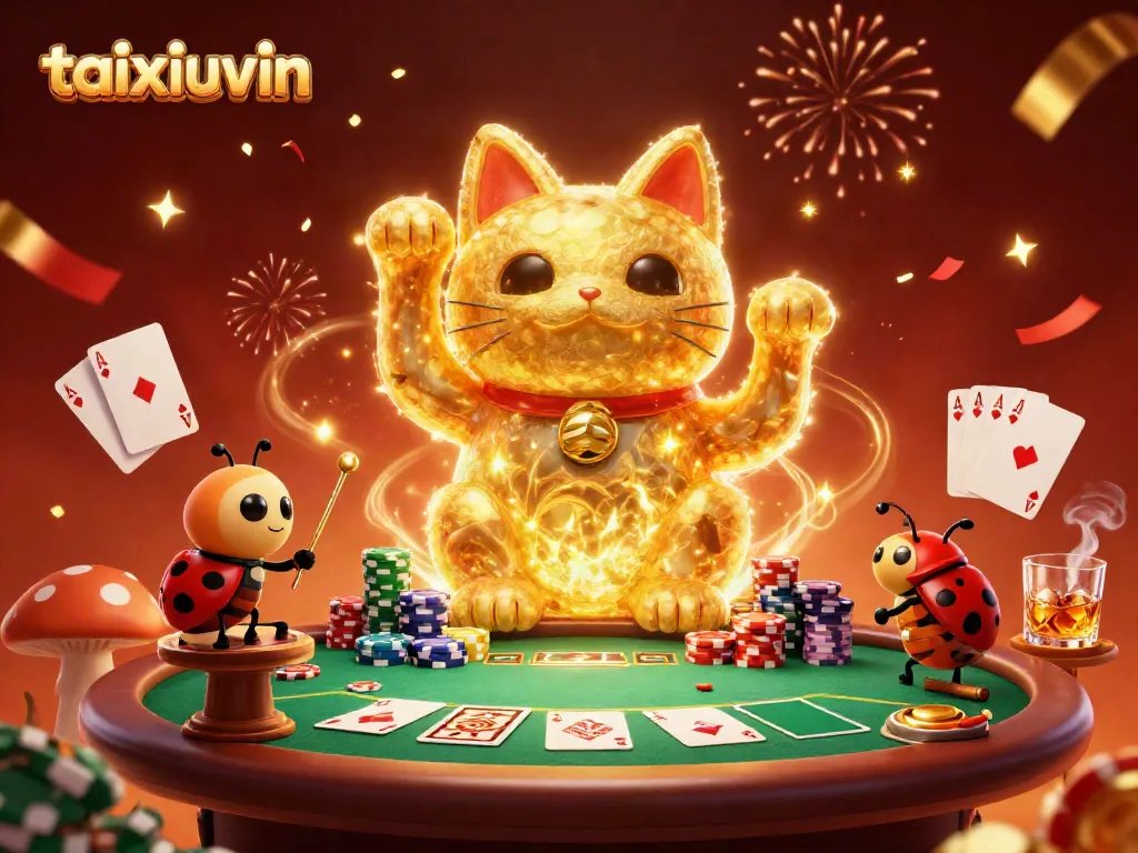 Experience the taixiuvin vibes with a magical lucky cat formation at a vibrant casino scene.