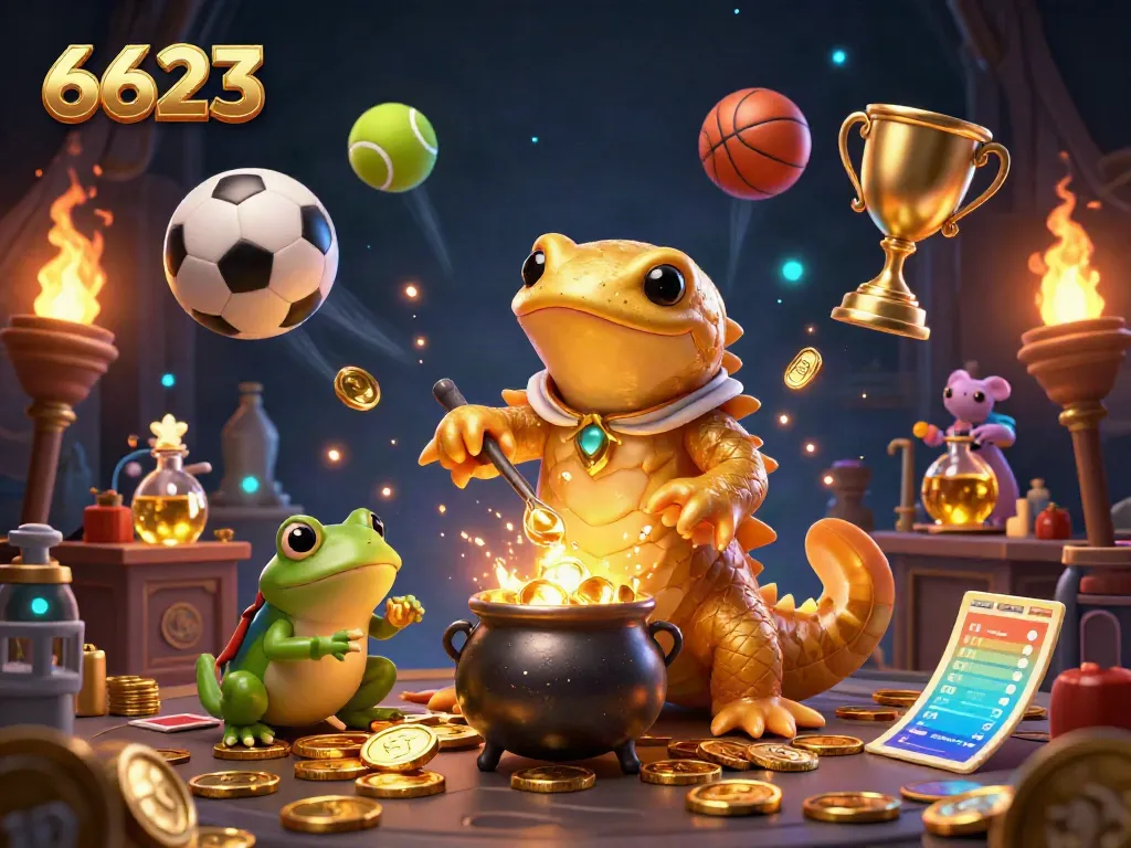 Engage with 6623's magical casino experience, where a golden salamander alchemist creates wealth and sports excitement.
