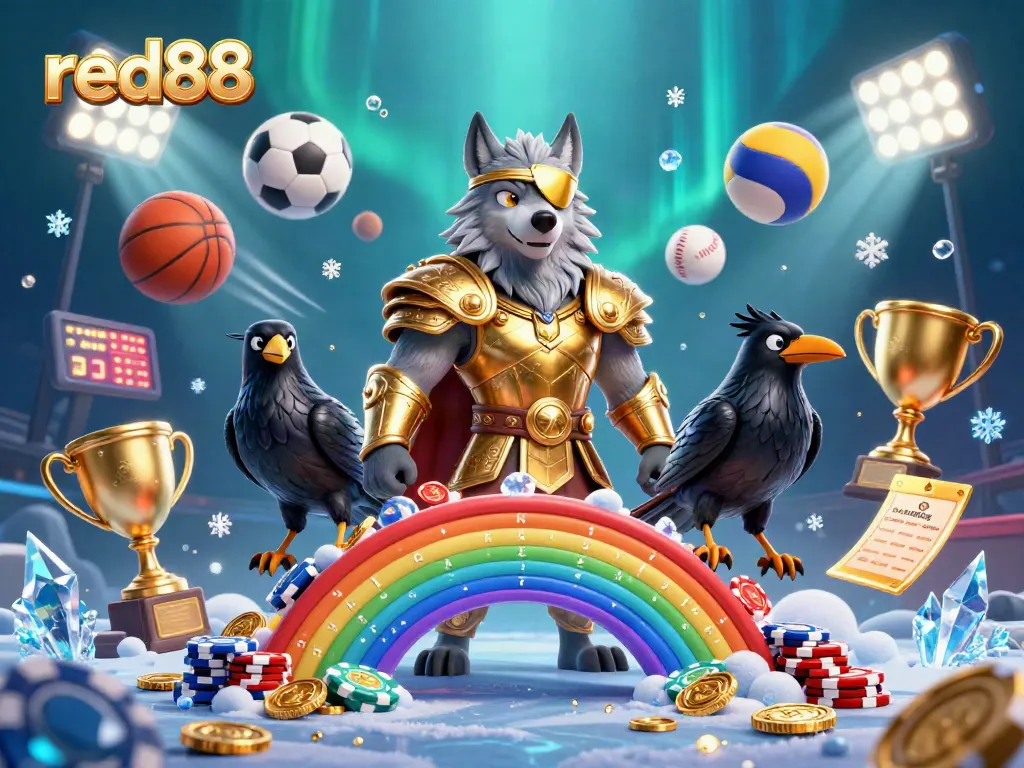 Experience the excitement of red88 with a dynamic casino scene featuring Norse mythology characters and vibrant sports elements.