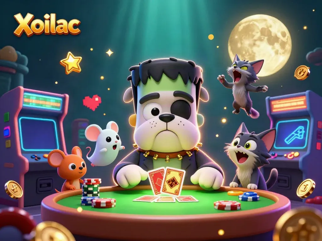 Xoilac entertainment scene featuring colorful characters and game elements in a casino-themed illustration