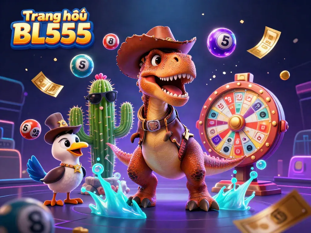 Engage with thrilling action on Trang chủ BL555, showcasing fun characters amidst a vibrant dynamic gambling scene.