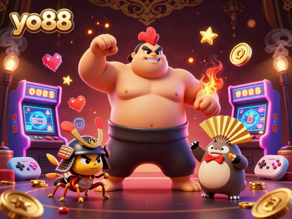 Experience thrilling action at yo88 with a powerful sumo rooster and fierce samurai cricket in a dynamic casino scene.