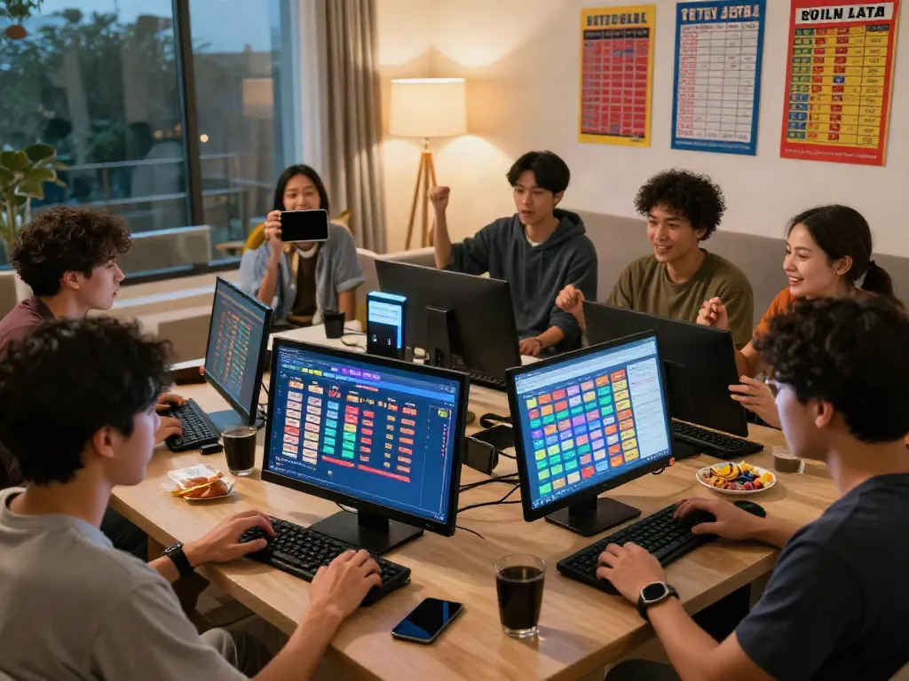 Group enjoying a togel online game with vibrant results on screen