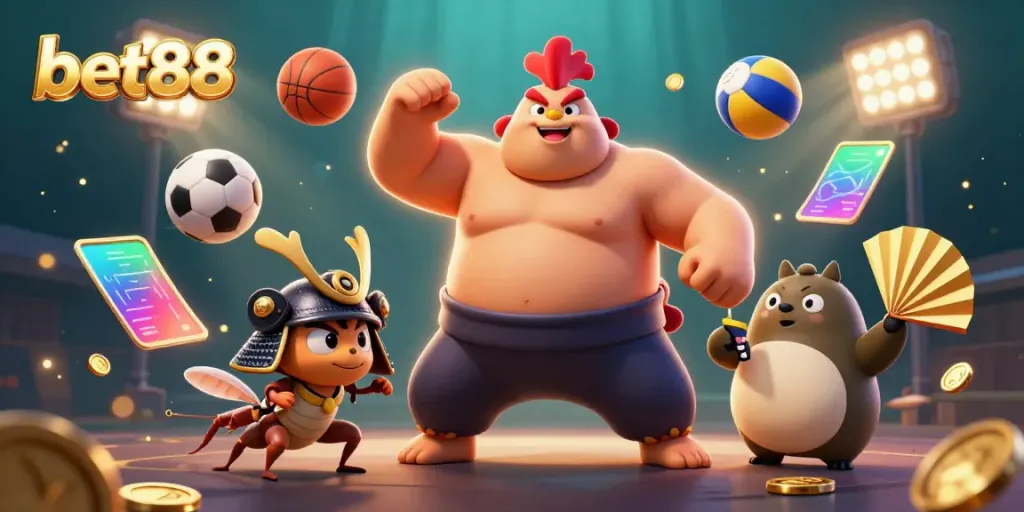 Experience the excitement of bet88 with a dynamic 3D scene showcasing betting action and vibrant characters.