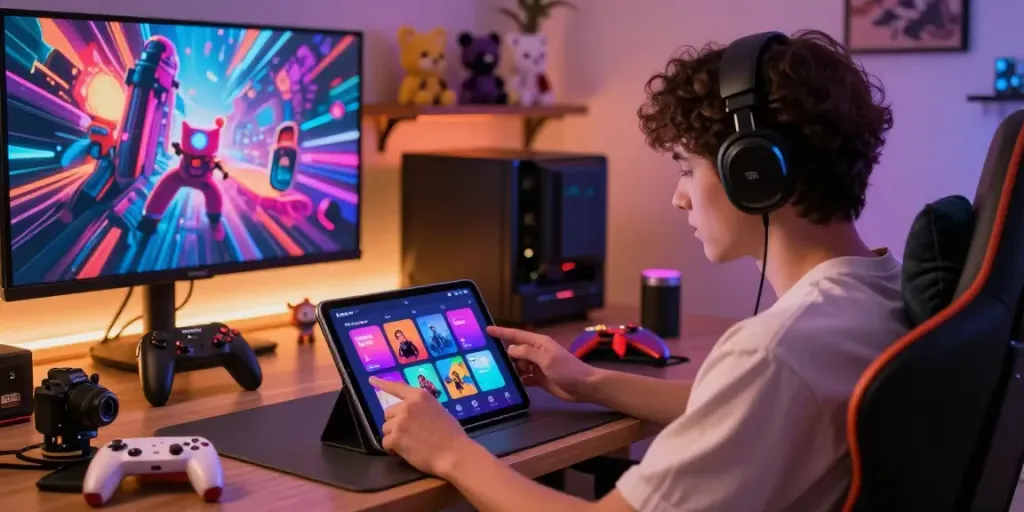 Engaged user exploring harta88 digital entertainment platform on tablet in vibrant gaming setup.