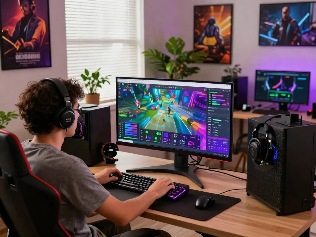 Dynamic gaming workspace with tech-savvy individual engaged in istana404, surrounded by vibrant displays and gaming gear.