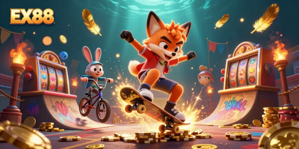 Experience the vibrant energy of EX88 as a skateboarder fox and BMX rabbit showcase gaming thrills in a colorful casino scene.