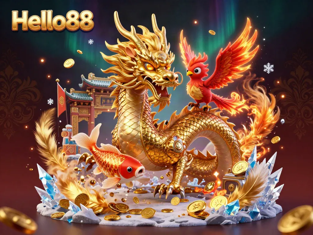 Experience thrilling moments with Hello88’s stunning casino illustration featuring a golden dragon and vibrant phoenix.