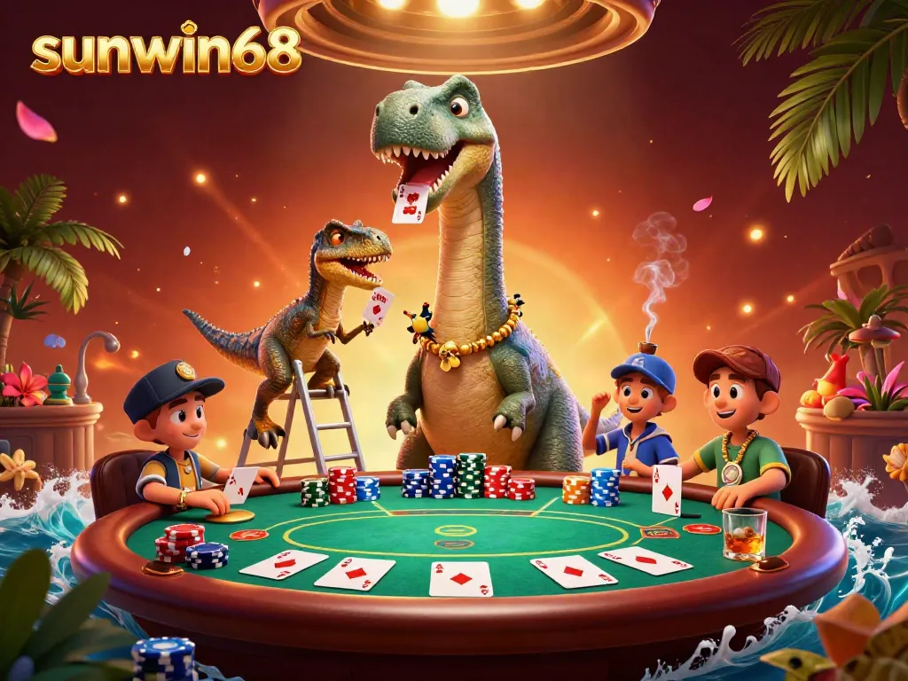 Ignite excitement with sunwin68 at a vibrant casino poker scene featuring a brontosaurus dealer.
