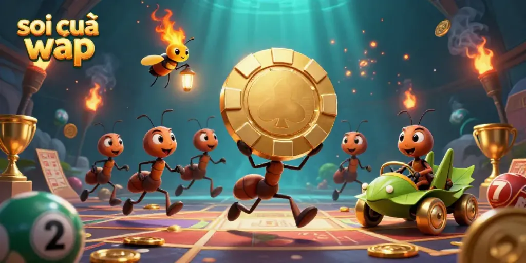 Soi cầu wap promotes a visually engaging lottery illustration with ants and a grasshopper in a dynamic scene.