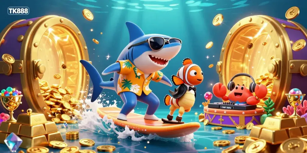 Experience winning moments at TK888 with vibrant 3D casino elements and colorful characters in action.
