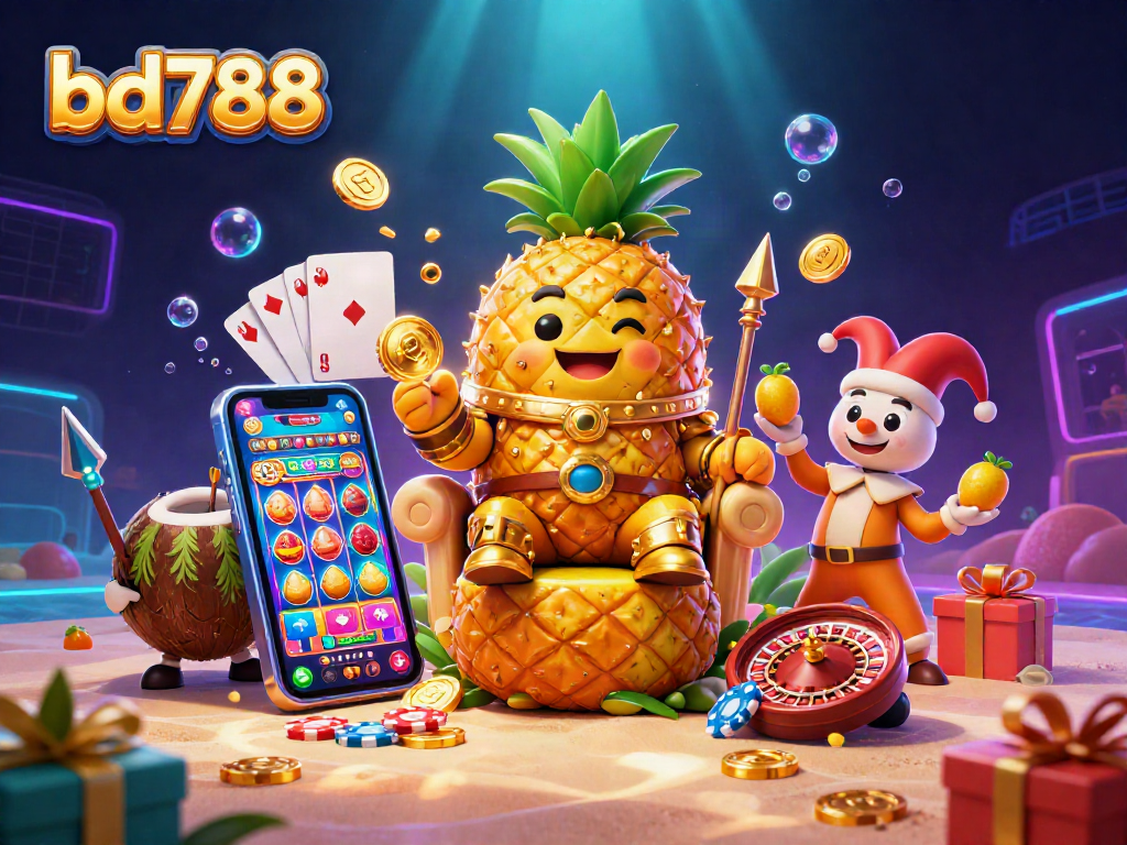 Spin the reels of bd788's exciting slot games in a vibrant beach casino illustration.