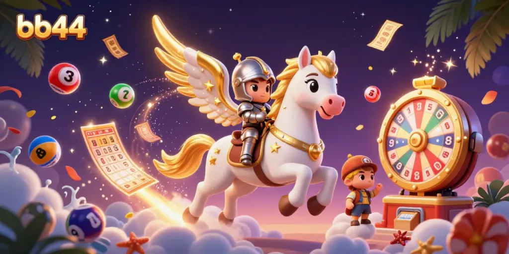 Experience the excitement at bb44 with vibrant lottery balls and an enchanting horse character!