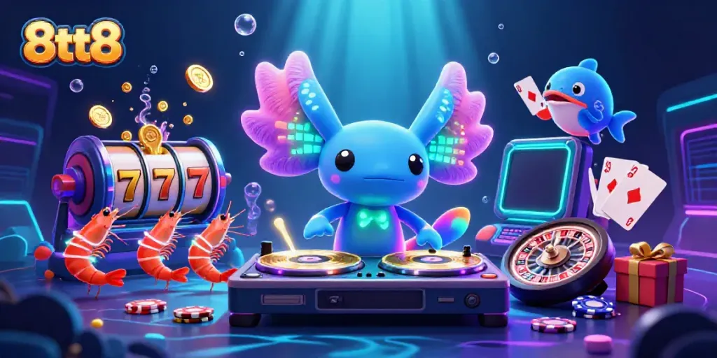 Engage with 8tt8 through a vivid underwater party scene featuring a neon-colored axolotl DJ, slot games, and gold coins.