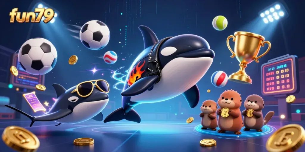 Experience fun79 with vibrant orca and otters in a thrilling 3D casino scene filled with excitement.