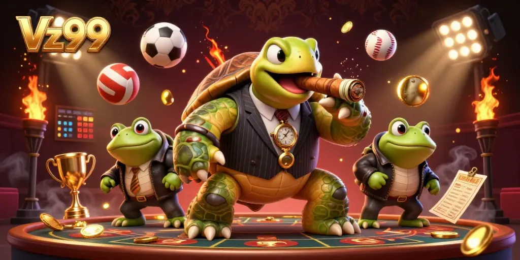 Experience Vz99 with massive turtle mobster and frog enforcers in a vibrant casino scene.