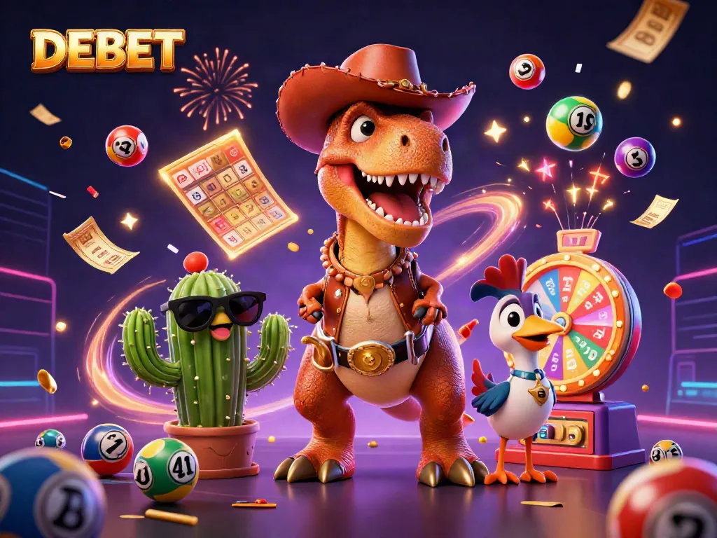 Engage with DEBET's dynamic gambling scene featuring a T-Rex, cactus, and roadrunner celebrating wins.