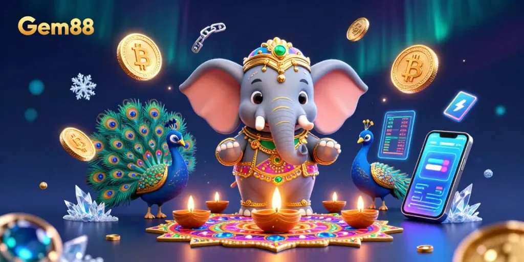 Experience excitement with Gem88's vibrant 3D casino-themed scene showcasing gems and neon elements.