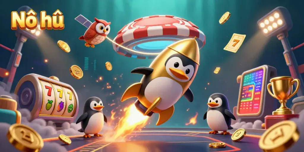 Experience the excitement of Nổ hũ with a 3D penguin and dynamic casino elements in a vibrant scene.