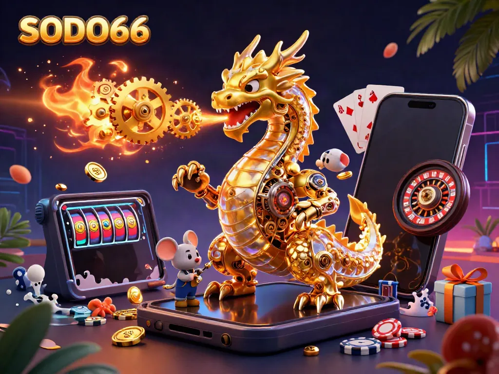 Engage with SODO66's thrilling online casino experience featuring a golden dragon and vibrant gaming elements.