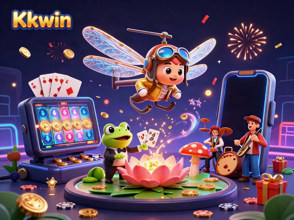 Experience the vibrant thrills of Kkwin casino with a whimsical 3D illustration featuring a dragonfly pilot and frog dealer.