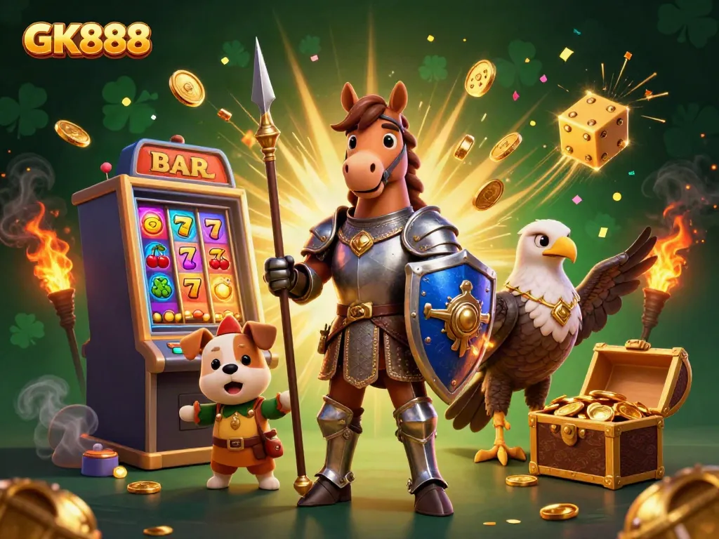 Experience thrilling gameplay with GK888 surrounded by a vibrant jackpot explosion of casino symbols.