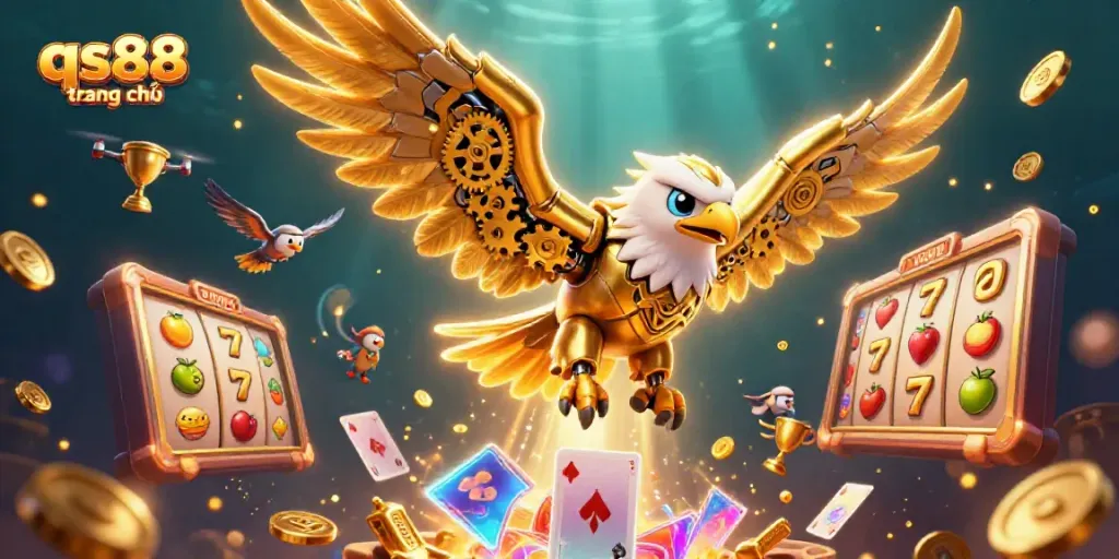 Experience excitement with qs88 trang chủ through golden eagle and slot reels in a dynamic casino scene.