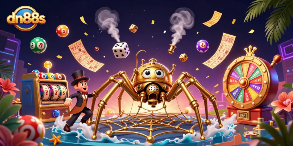 Engage with dynamic lottery fun at dn88s while vibrant balls and a playful spider create excitement.