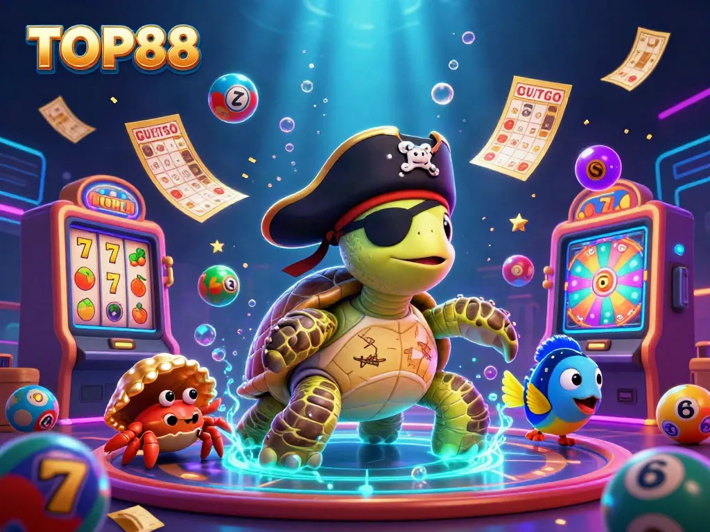 Engage in the thrilling world of TOP88 with colorful elements and characters in this vibrant casino scene.
