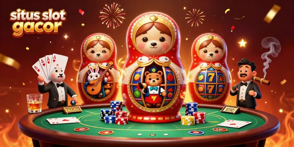 Engage players with situs slot gacor visuals featuring vibrant illustrations of bears, slots, and festive decorations.