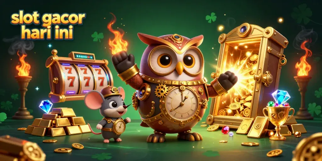 Experience the excitement of slot gacor hari ini with vibrant 3D cartoon illustrations of a time-traveling owl and a clockwork mouse.