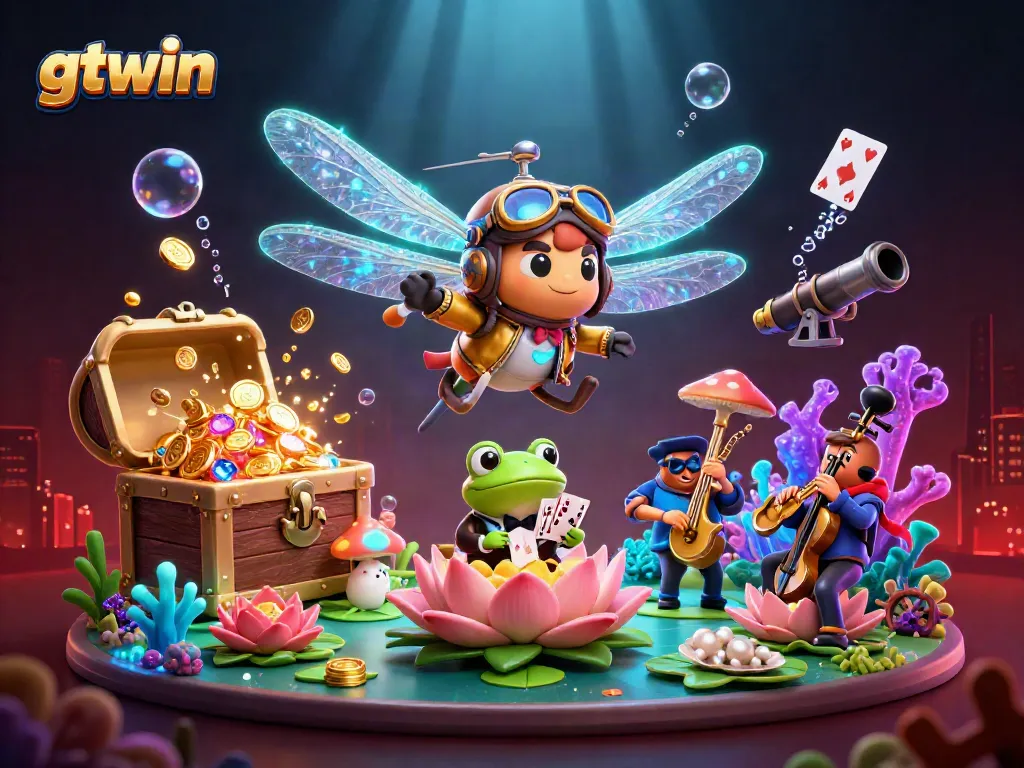 Engage in exciting gameplay at gtwin with a lively casino scene featuring unique 3D characters and immersive gaming elements.