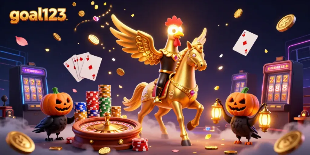 Engage with immersive gameplay at goal123 featuring golden rooster and spectral horse in a vibrant casino.