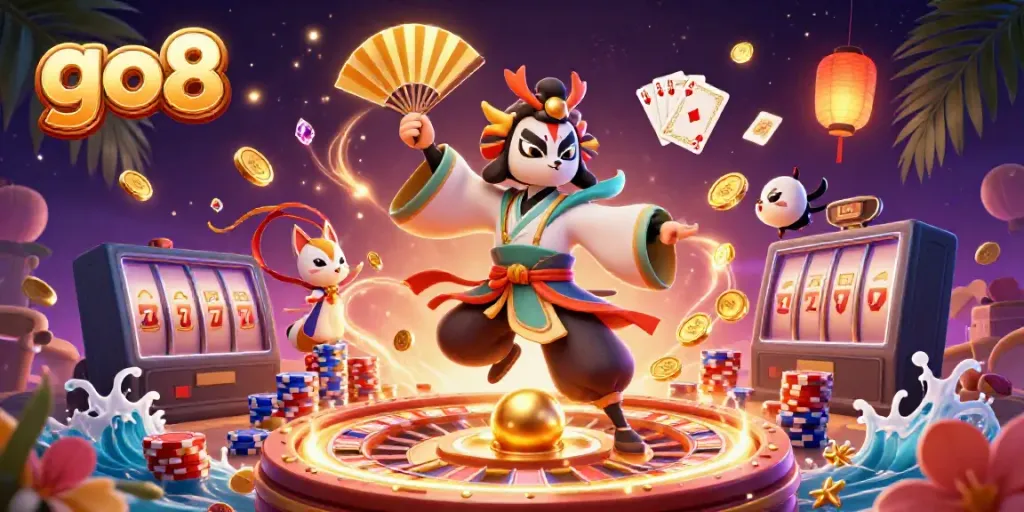 Experience thrilling gameplay at go8 with a kabuki warrior and kitsune in a dynamic casino environment.