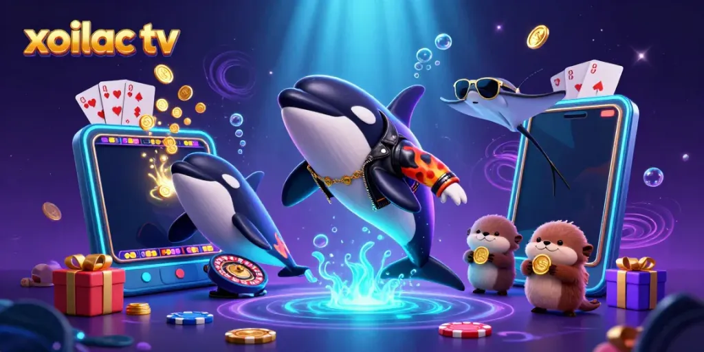Xoilac TV features a 3D cartoon orca biker with coins amidst vibrant casino elements and underwater glow.