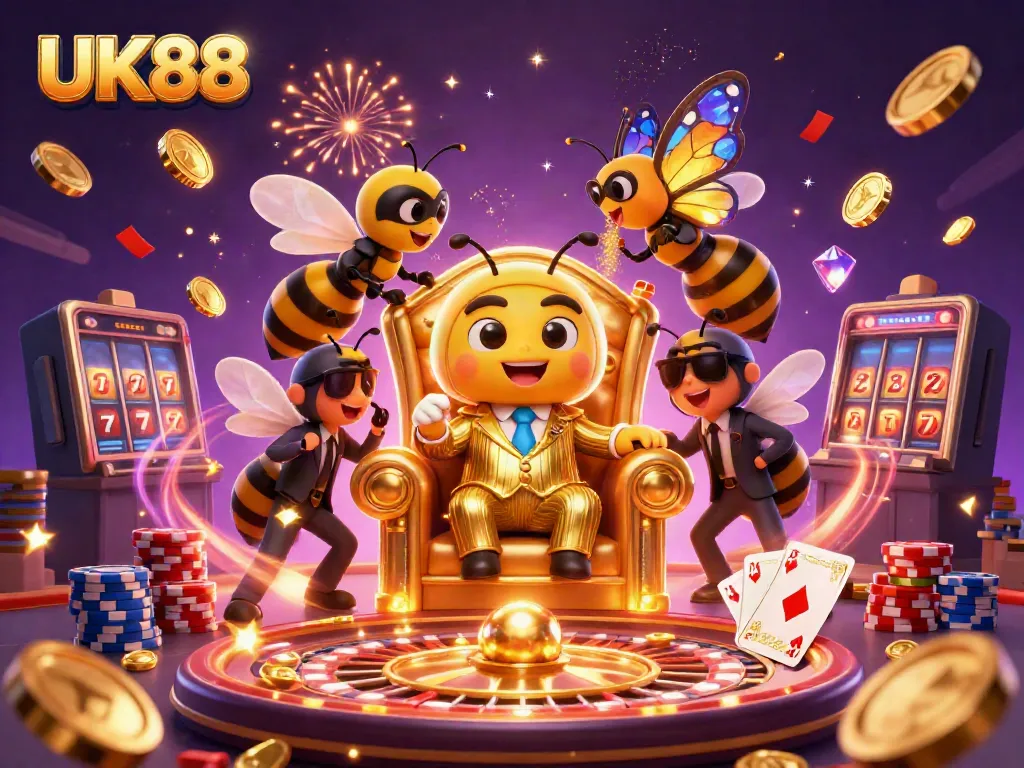 Engage with UK88's vibrant 3D scene of a cartoon bumblebee mob boss and interactive casino elements.