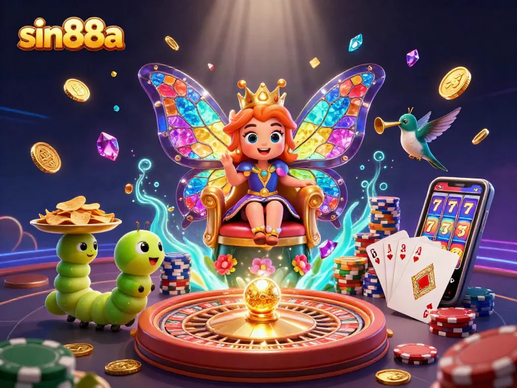 Engage with sin88a's exciting games through a vibrant 3D casino experience illustrating slots, roulette, and poker