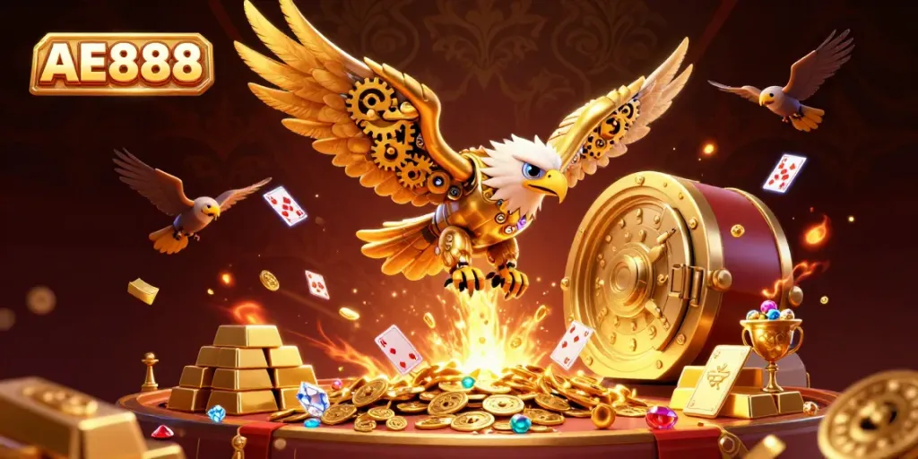 Engage with AE888's dynamic casino excitement, where a golden eagle dives through holographic cards amidst treasures.