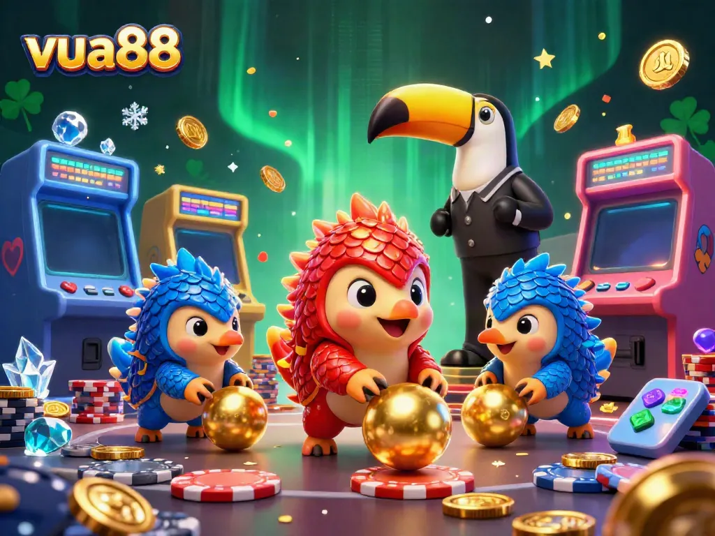 Engage in thrilling gameplay at vua88 with rival pangolins and poker chips in a vibrant casino setting.
