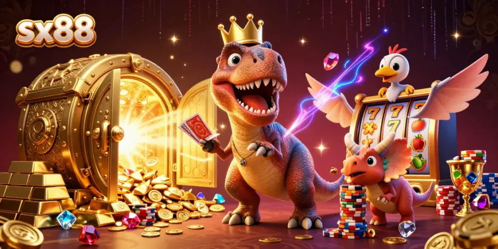 Sx88 T-Rex and friends play cards and stack chips in a vibrant casino scene