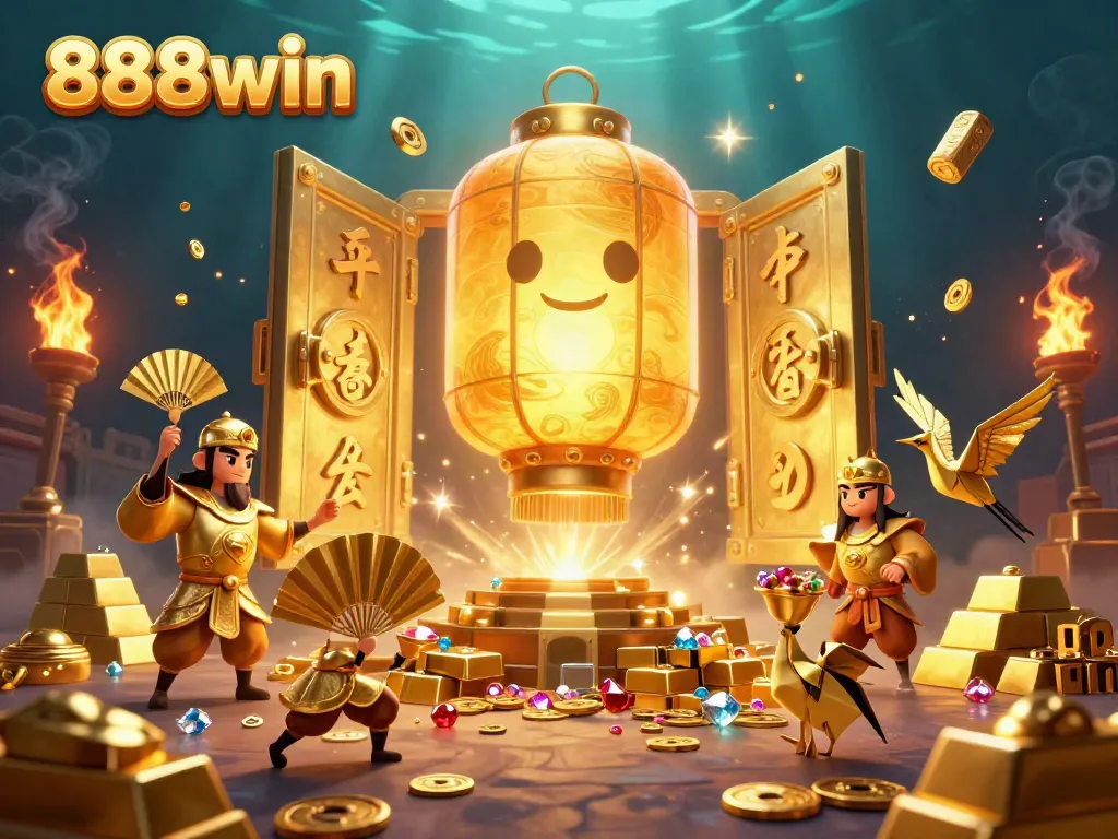 Experience the thrill of 888win with a dynamic illustration featuring a golden lantern spirit and treasures.