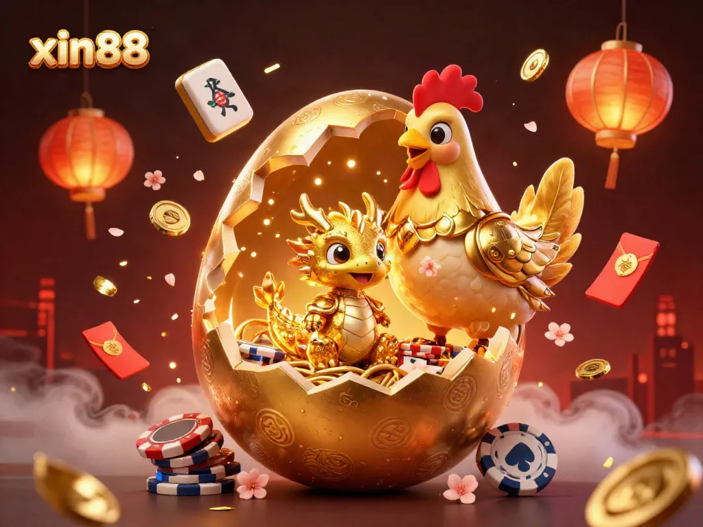 Experience the vibrant energy of xin88 with a cartoon scene featuring a golden dragon and gaming elements amidst festive decorations.
