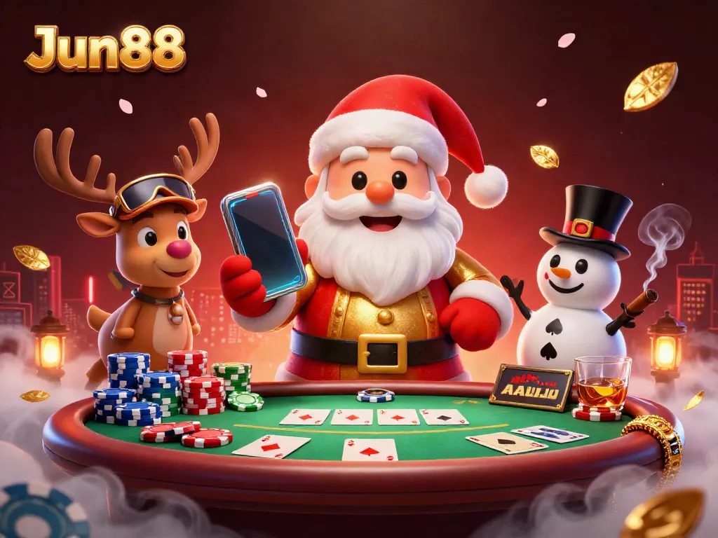 Experience the thrill of Jun88's casino with Santa and friends in a vibrant 3D casino illustration.