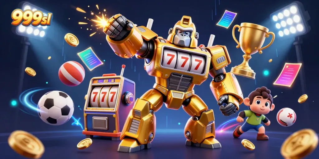 Experience high-energy gameplay with the 999sl golden gorilla mech surrounded by sports elements and coins.