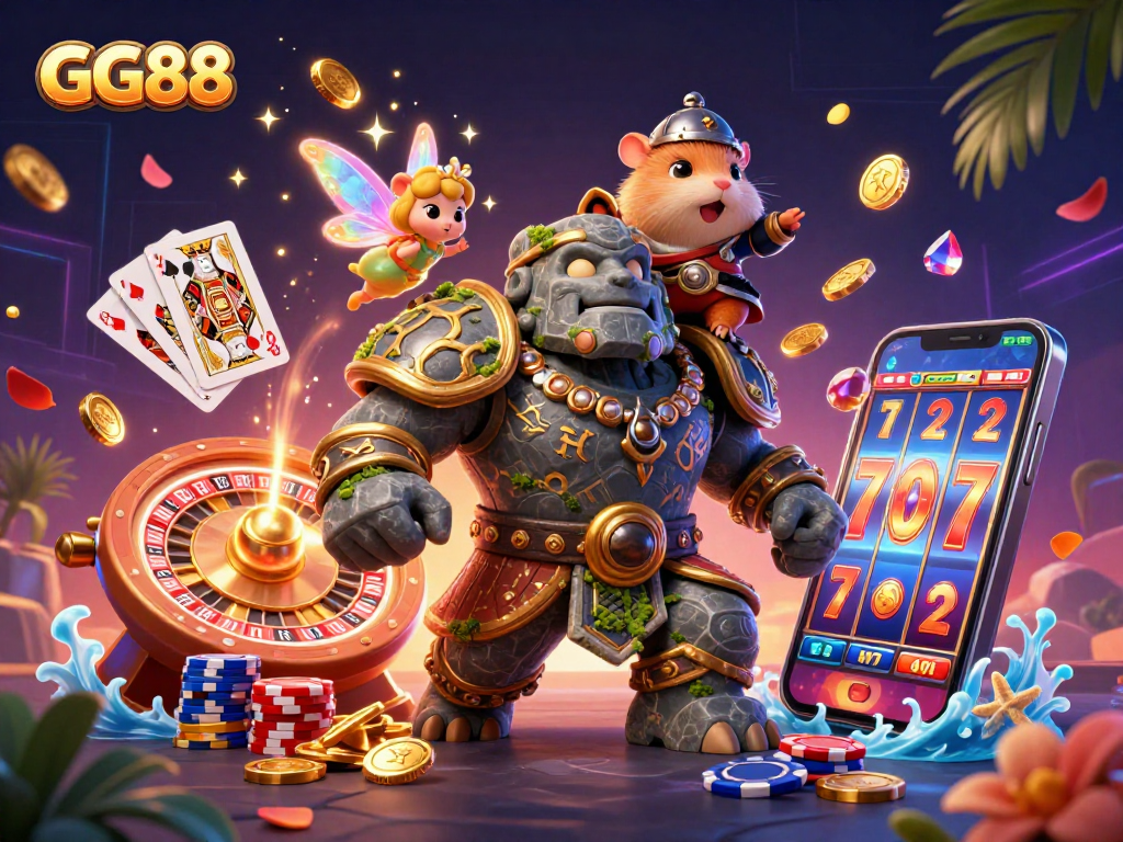Experience the excitement of GG88 with dynamic roulette, poker, and slot elements in a vibrant 3D scene.